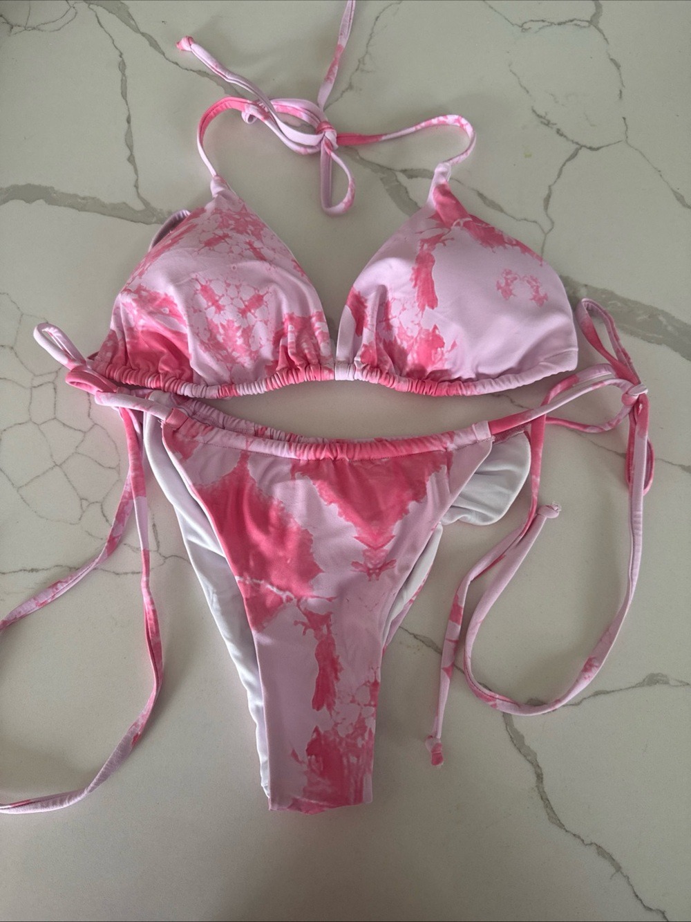 2 Piece Triangle Bikini Swim Suit, Ruched cheeky Women's Size S Pink Tie Dye